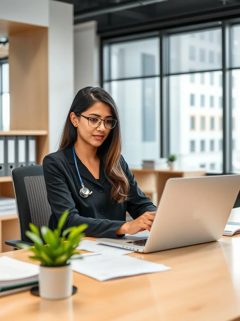 A healthcare administrator reviewing reports in an office.