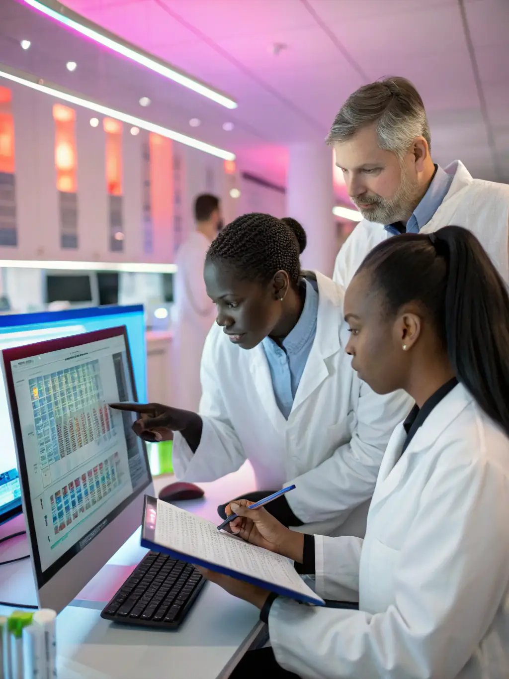 Medical researchers analyzing data in a laboratory.