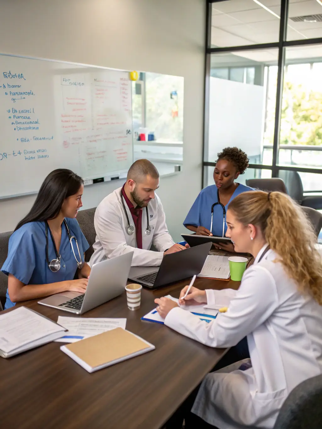 Healthcare professionals discussing patient care plans in a hospital setting.